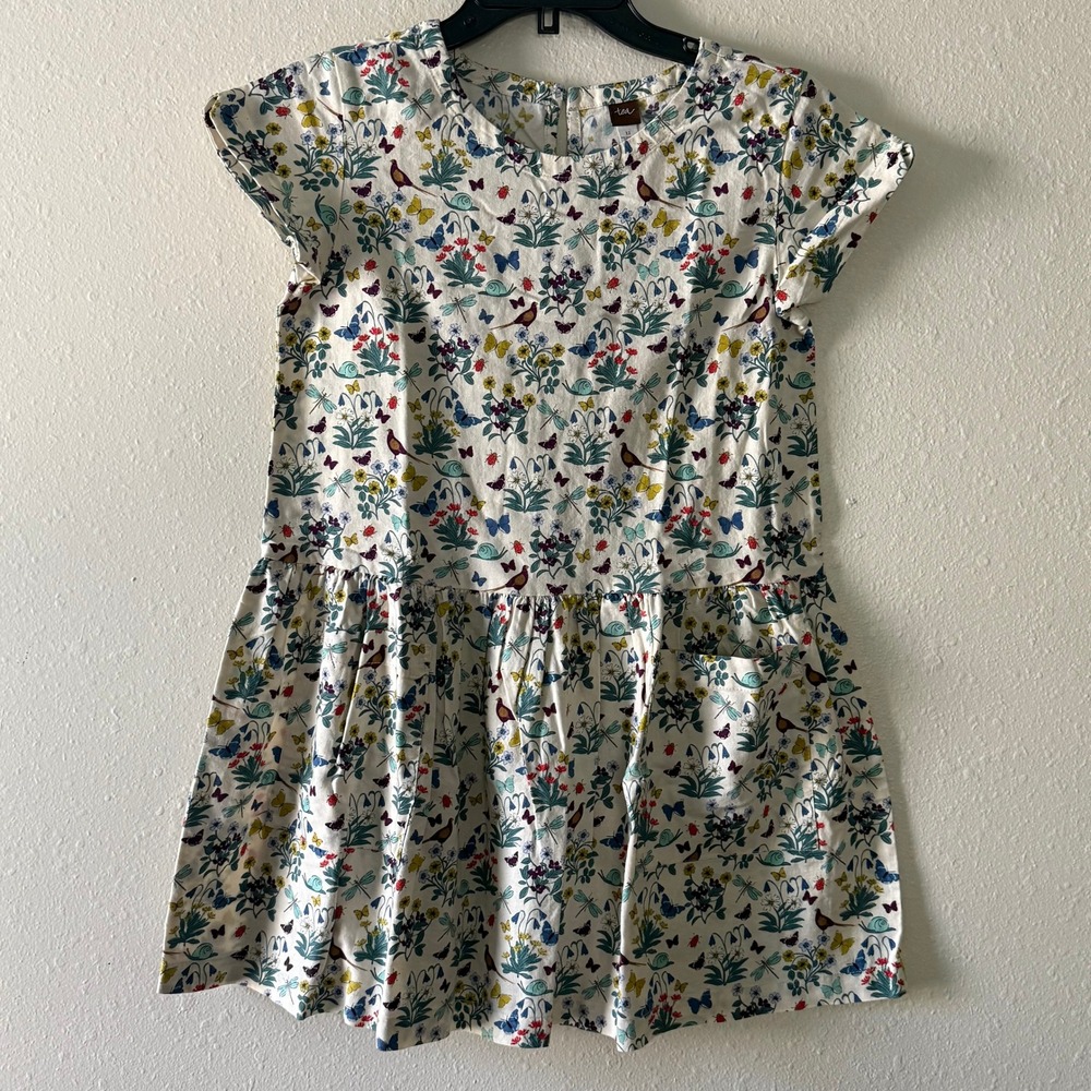 Tea Collection Girls Nature Print Cotton Drop Waist Dress White Multi Size 12